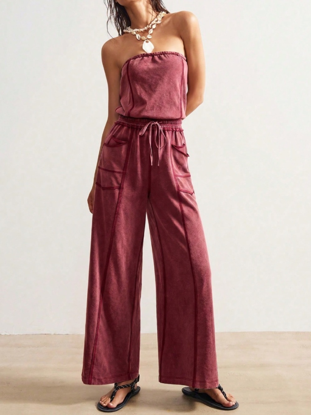 Strapless Burgundy Boho Wide Leg Jumpsuit with Pockets - Picture 7 of 8